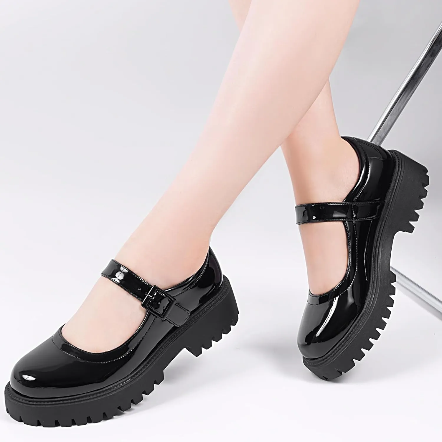 MUSSHOE Mary Jane Shoes Women Comfortable Casual Round Toe Platform Chunky Low Heel Flat Shoes with Ankle Straps