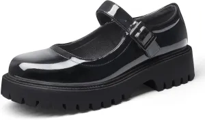 MUSSHOE Mary Jane Shoes Women Comfortable Casual Round Toe Platform Chunky Low Heel Flat Shoes with Ankle Straps