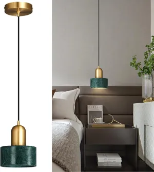 Natural Stone Pendant Lights Kitchen Island, Dark Green Brass Pendant Light Fixtures, Pendant lamp Marble Cylinder Shade Copper, for Bedroom Bathroom Dining Room Living Room(1-Pack)