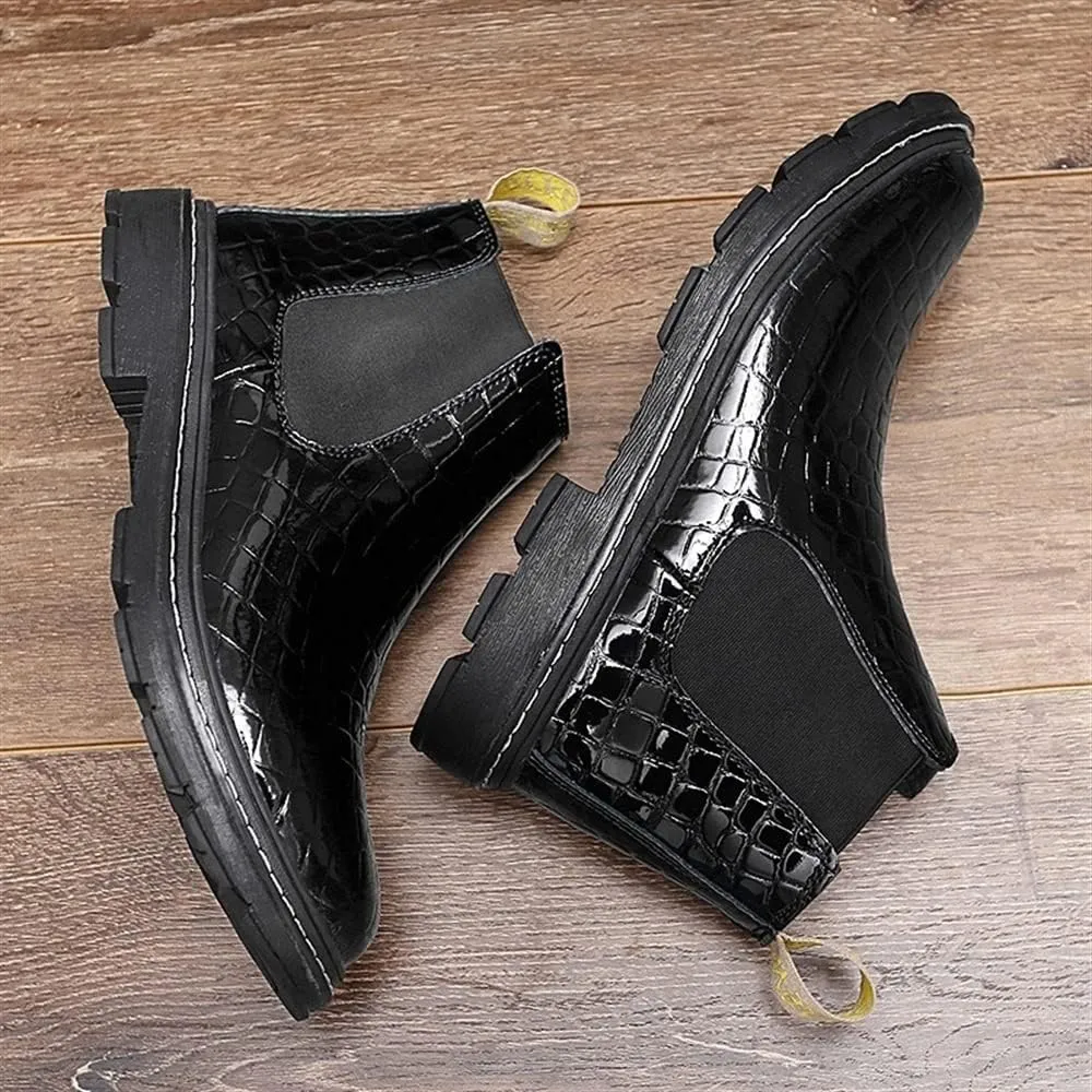 New Chelsea Boots For Men Round Toe Faux Crocodile Print Leather On Non Slip Wearable Anti-slip Waterproof Formal Dress