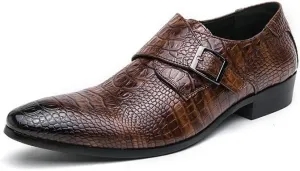 New Dress Shoes for Men Slip On Pointed Burnished Toe Faux Leather Crocodile Print Monk Strap Low Top Rubber Sole Block Heel Working