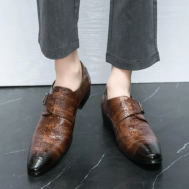 New Dress Shoes for Men Slip On Pointed Burnished Toe Faux Leather Crocodile Print Monk Strap Low Top Rubber Sole Block Heel Working