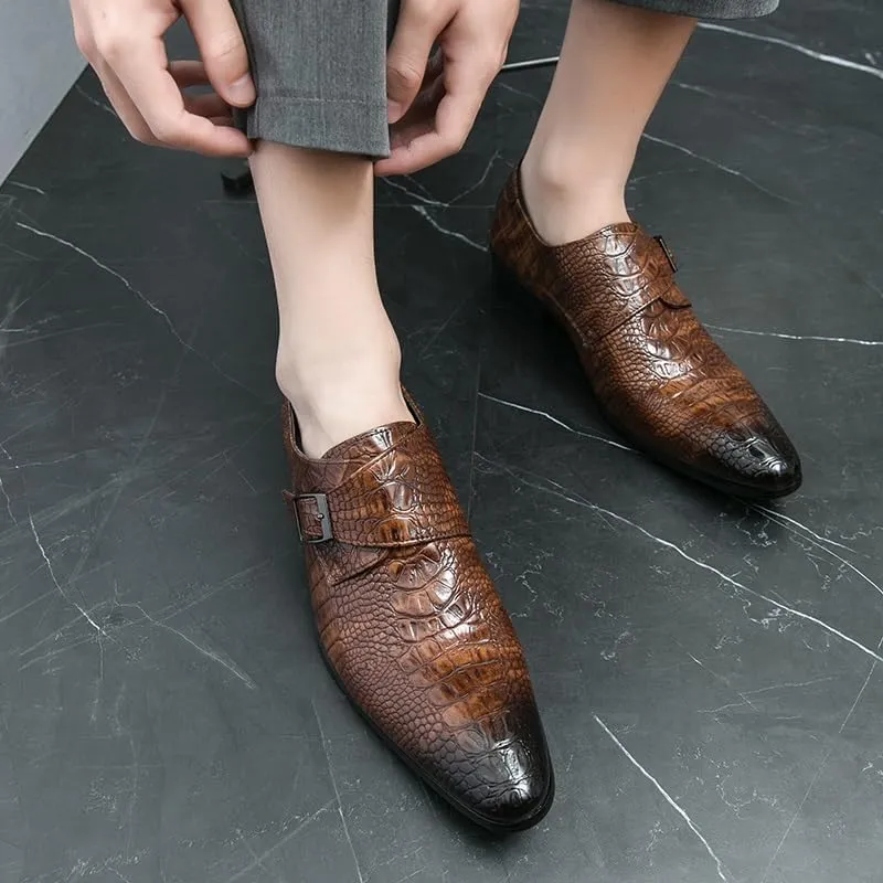 New Dress Shoes for Men Slip On Pointed Burnished Toe Faux Leather Crocodile Print Monk Strap Low Top Rubber Sole Block Heel Working