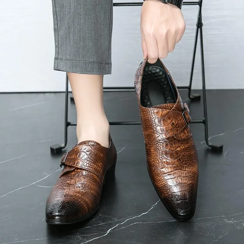 New Dress Shoes for Men Slip On Pointed Burnished Toe Faux Leather Crocodile Print Monk Strap Low Top Rubber Sole Block Heel Working