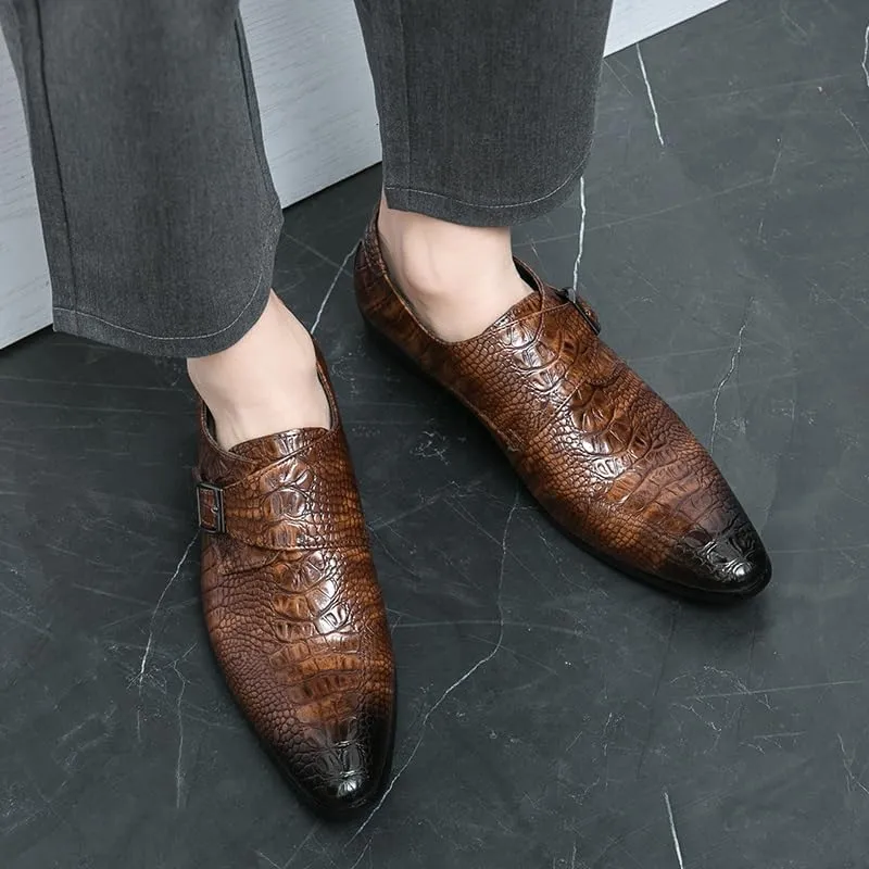 New Dress Shoes for Men Slip On Pointed Burnished Toe Faux Leather Crocodile Print Monk Strap Low Top Rubber Sole Block Heel Working