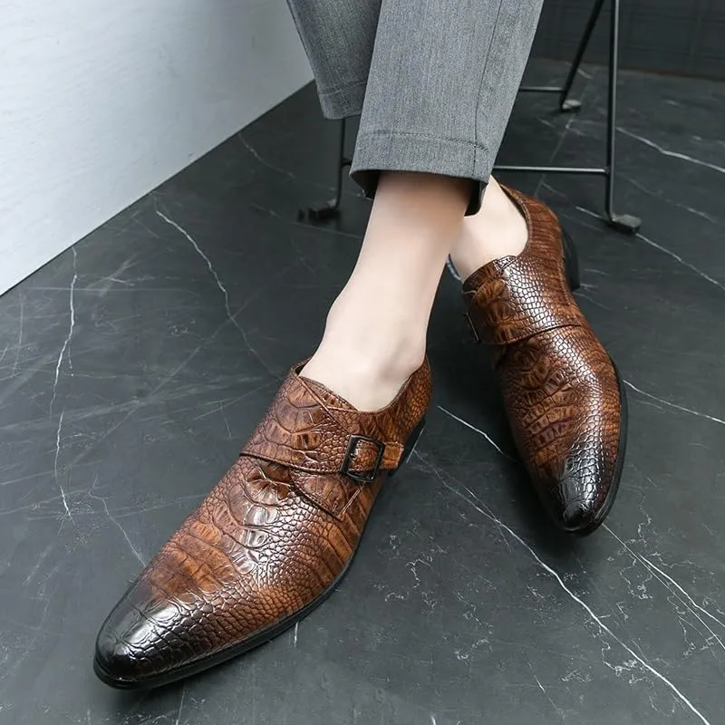 New Dress Shoes for Men Slip On Pointed Burnished Toe Faux Leather Crocodile Print Monk Strap Low Top Rubber Sole Block Heel Working