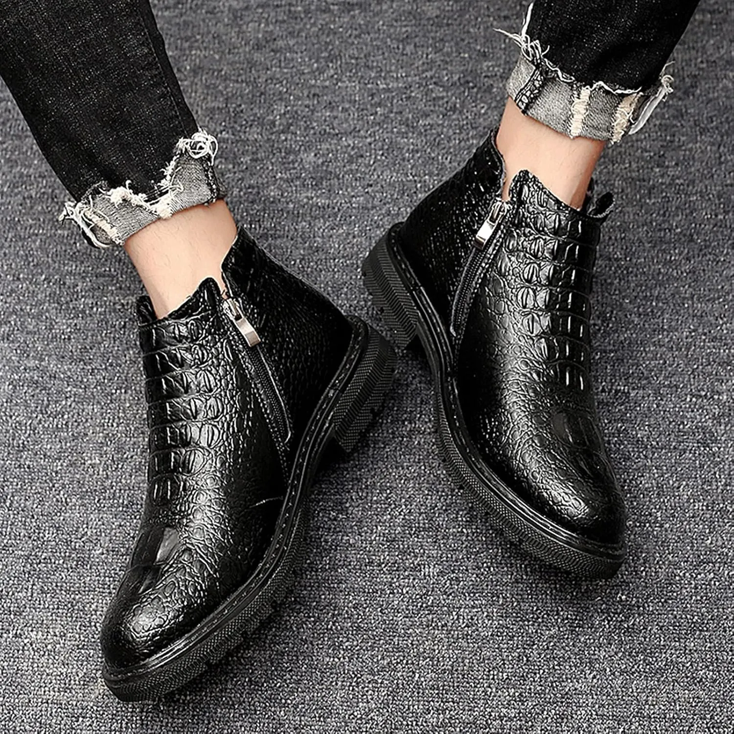 New Men Chelsea Boots Double Side Zip Crocodile Print Cowhide Leather Slip On Non Wearable Waterproof Anti-slip Casual Slip On