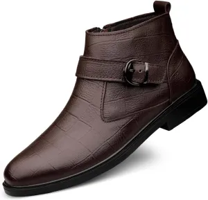 New Men Chelsea Boots Lattice With Buckle Side Zip Cowhide Leather Slip On Wearable Waterproof Non Slip Formal Fashion Pull On