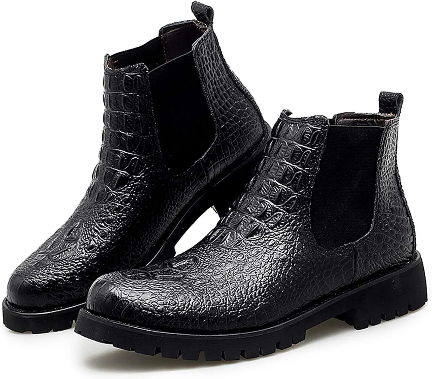New Men's Chelsea Boots Round Toe Faux Crocodile Print Leather Slip On Wearable Waterproof Non Work Slip On