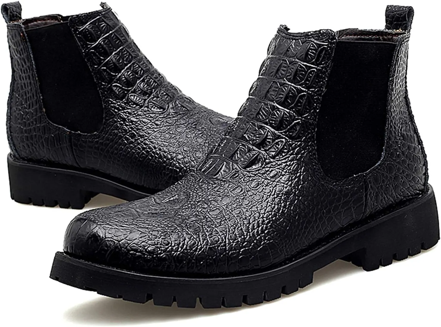 New Men's Chelsea Boots Round Toe Faux Crocodile Print Leather Slip On Wearable Waterproof Non Work Slip On