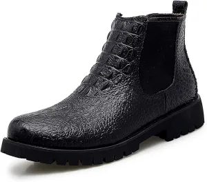 New Men's Chelsea Boots Round Toe Faux Crocodile Print Leather Slip On Wearable Waterproof Non Work Slip On