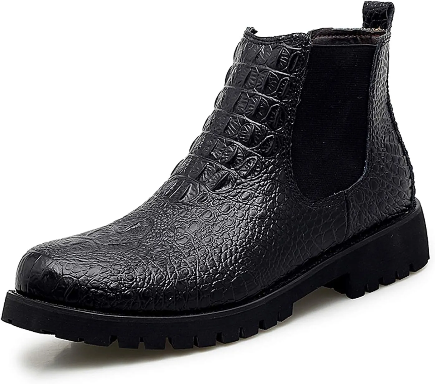 New Men's Chelsea Boots Round Toe Faux Crocodile Print Leather Slip On Wearable Waterproof Non Work Slip On