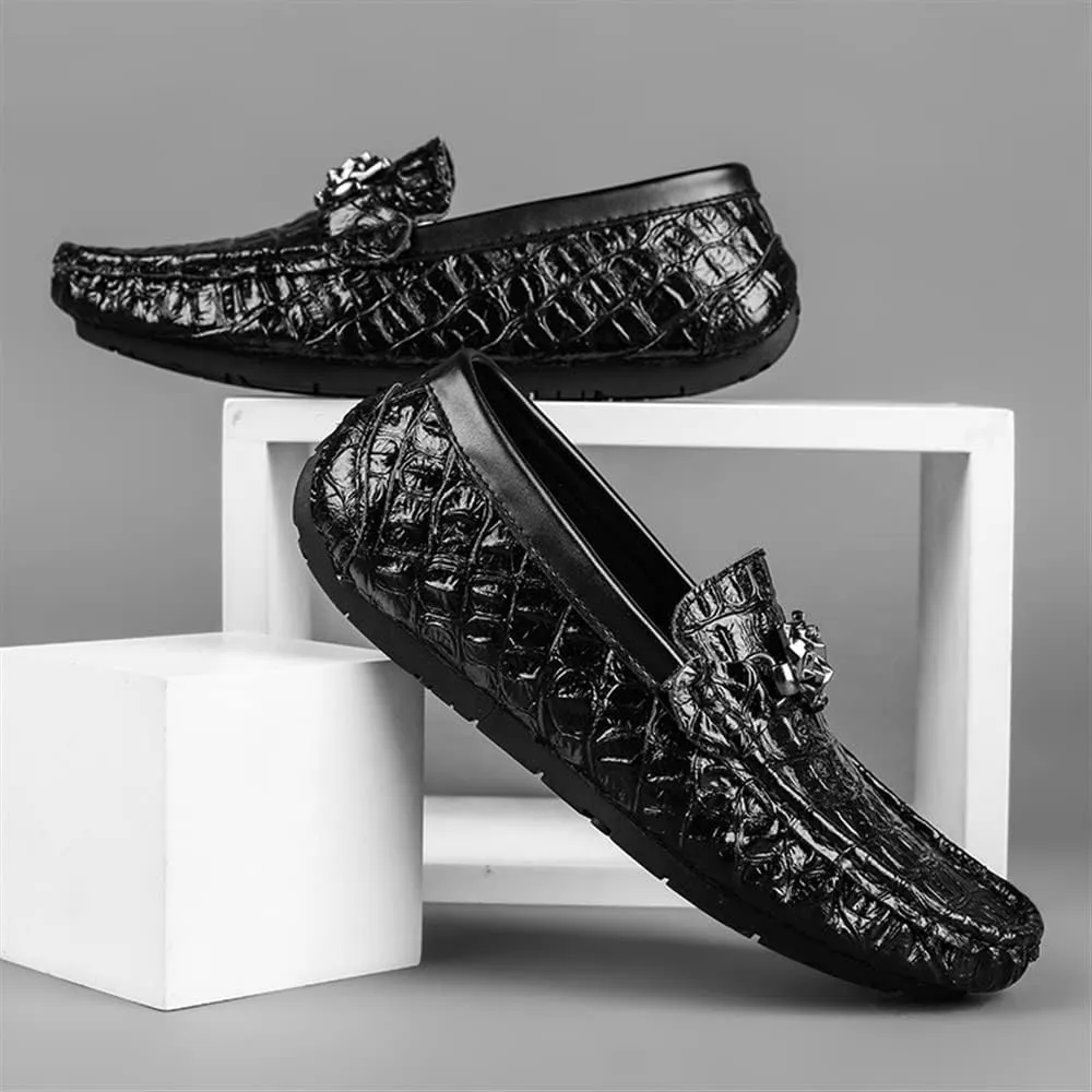 New Men's Loafers Moccasins Round Toe Faux Crocodile Print Leather Flexible Anti-Slip Resistant Casual Slip On