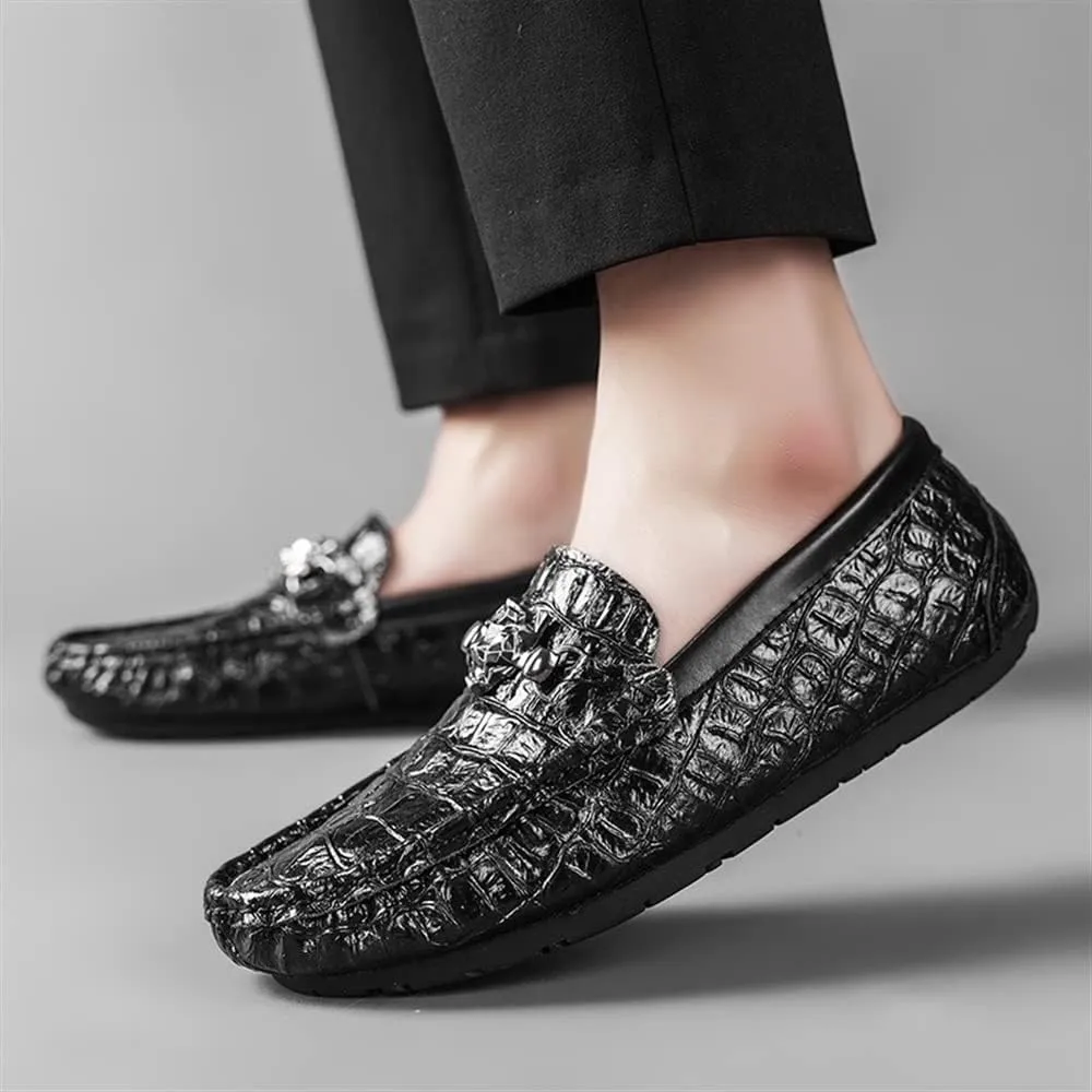 New Men's Loafers Moccasins Round Toe Faux Crocodile Print Leather Flexible Anti-Slip Resistant Casual Slip On