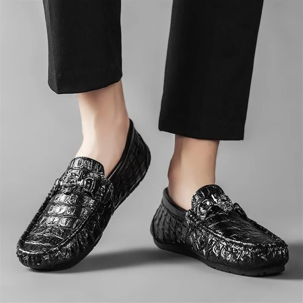 New Men's Loafers Moccasins Round Toe Faux Crocodile Print Leather Flexible Anti-Slip Resistant Casual Slip On