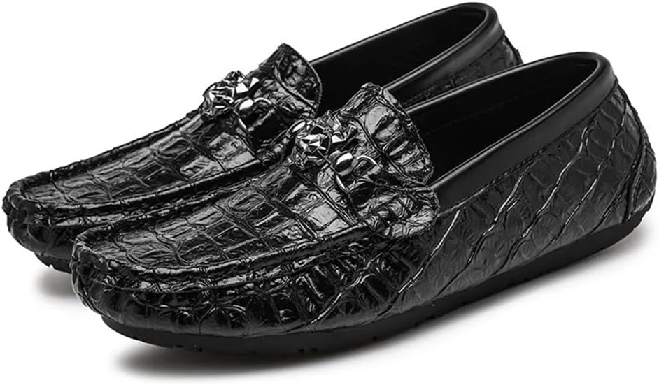 New Men's Loafers Moccasins Round Toe Faux Crocodile Print Leather Flexible Anti-Slip Resistant Casual Slip On