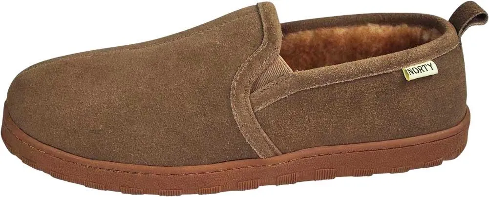 NORTY Mens Genuine Leather Cowhide Suede Slippers - Twin Gore Slip On Loafer - Lux Plush Fur Lining