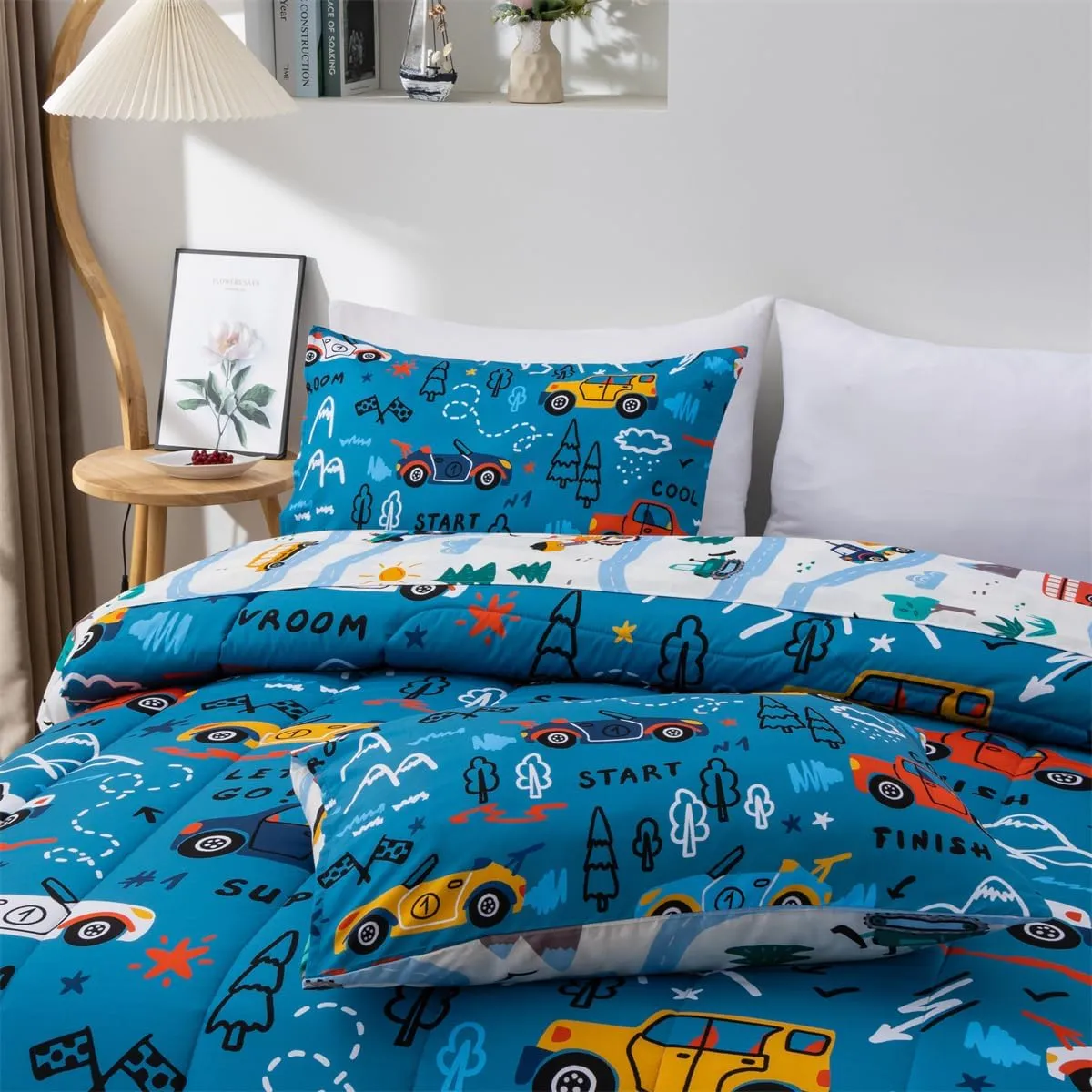 NTBED 5 Pieces Racing Cars Comforter Set Twin for Boys Kids Bed in a Bag Vehicles Transportation Lightweight Microfiber Bedding Sets,Blue