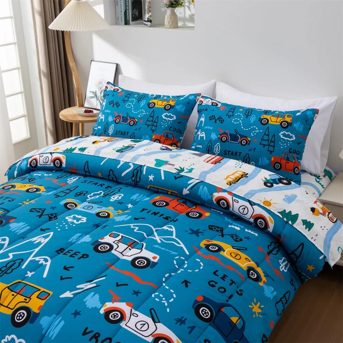 NTBED 5 Pieces Racing Cars Comforter Set Twin for Boys Kids Bed in a Bag Vehicles Transportation Lightweight Microfiber Bedding Sets,Blue