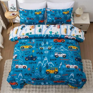 NTBED 5 Pieces Racing Cars Comforter Set Twin for Boys Kids Bed in a Bag Vehicles Transportation Lightweight Microfiber Bedding Sets,Blue