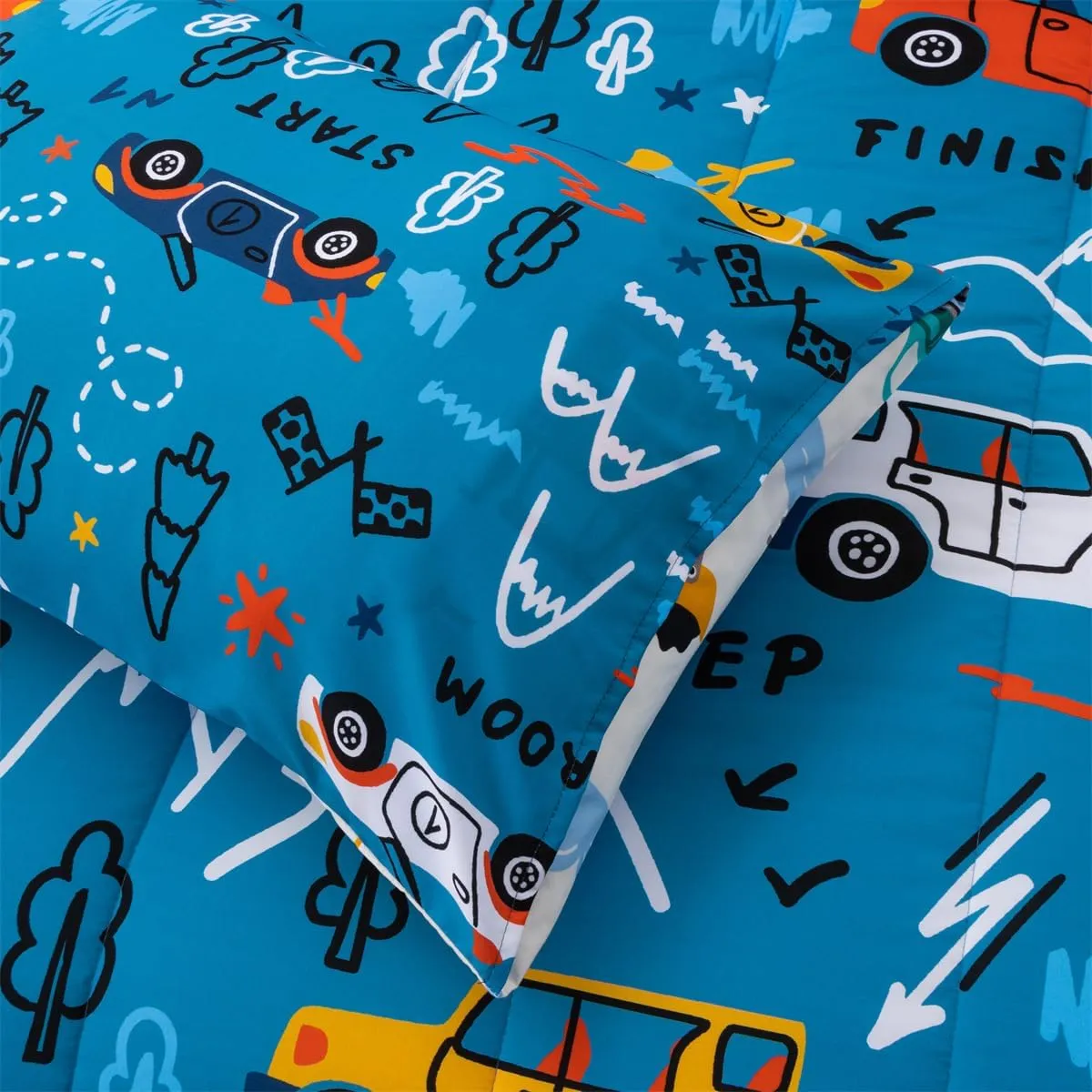 NTBED 5 Pieces Racing Cars Comforter Set Twin for Boys Kids Bed in a Bag Vehicles Transportation Lightweight Microfiber Bedding Sets,Blue