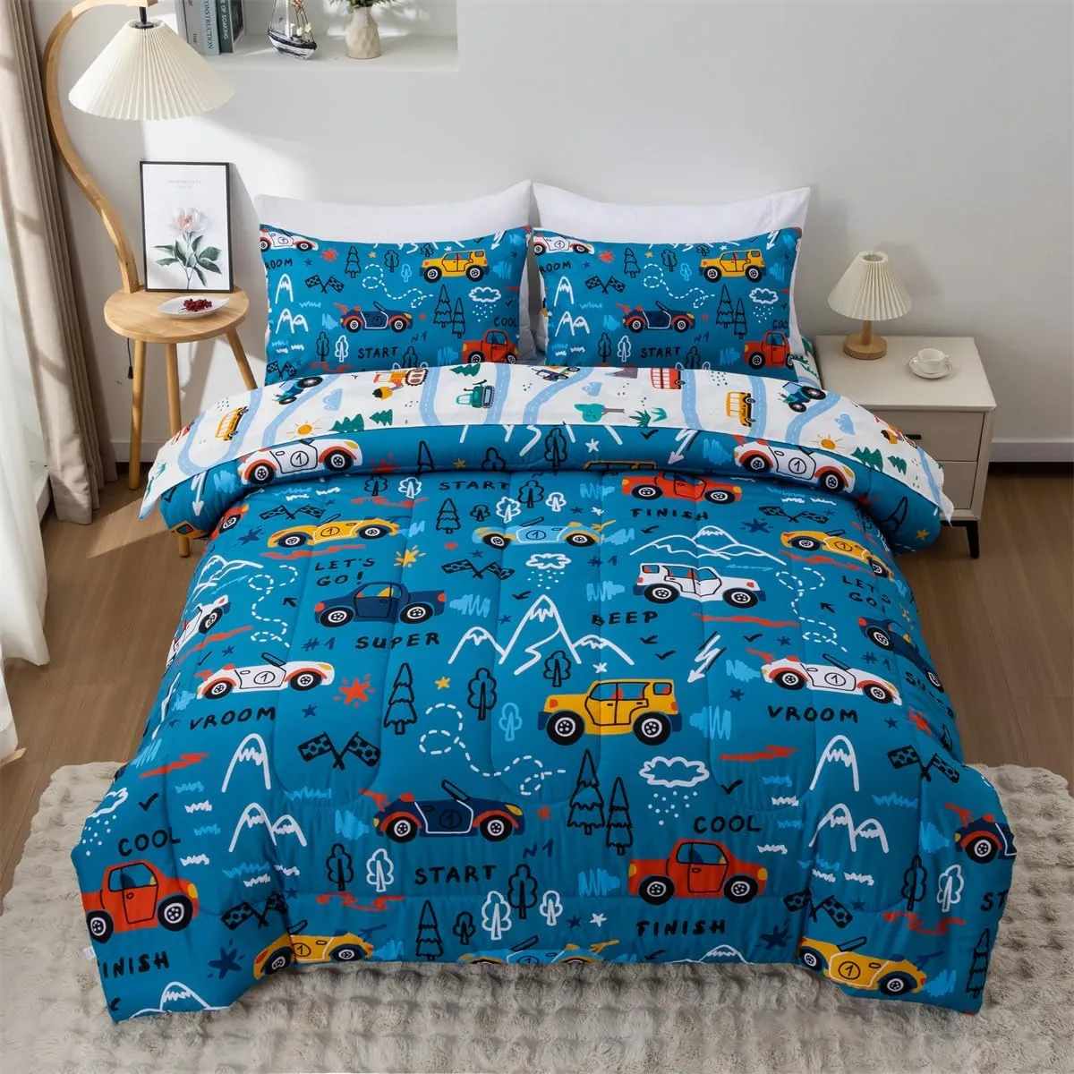 NTBED 5 Pieces Racing Cars Comforter Set Twin for Boys Kids Bed in a Bag Vehicles Transportation Lightweight Microfiber Bedding Sets,Blue