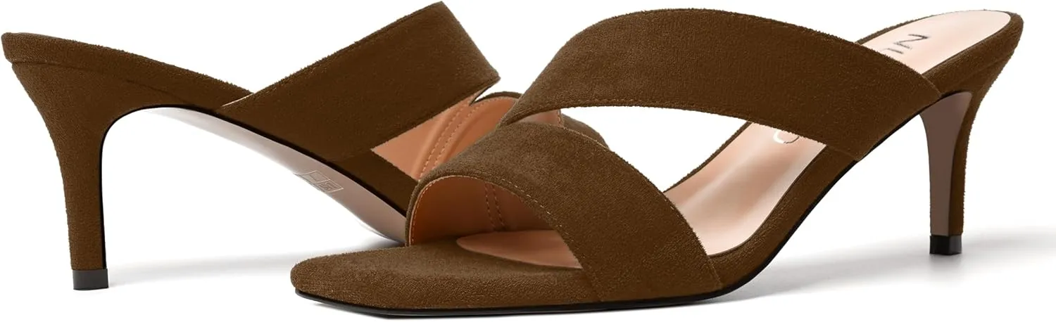NUMALEO Womens Square Toe Suede Dress Slip On Stylish Party Stiletto Mid Heel Heeled Sandals 2.5 Inch