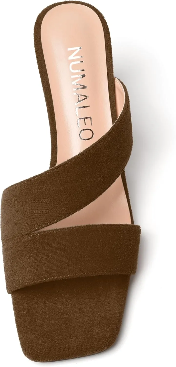 NUMALEO Womens Square Toe Suede Dress Slip On Stylish Party Stiletto Mid Heel Heeled Sandals 2.5 Inch