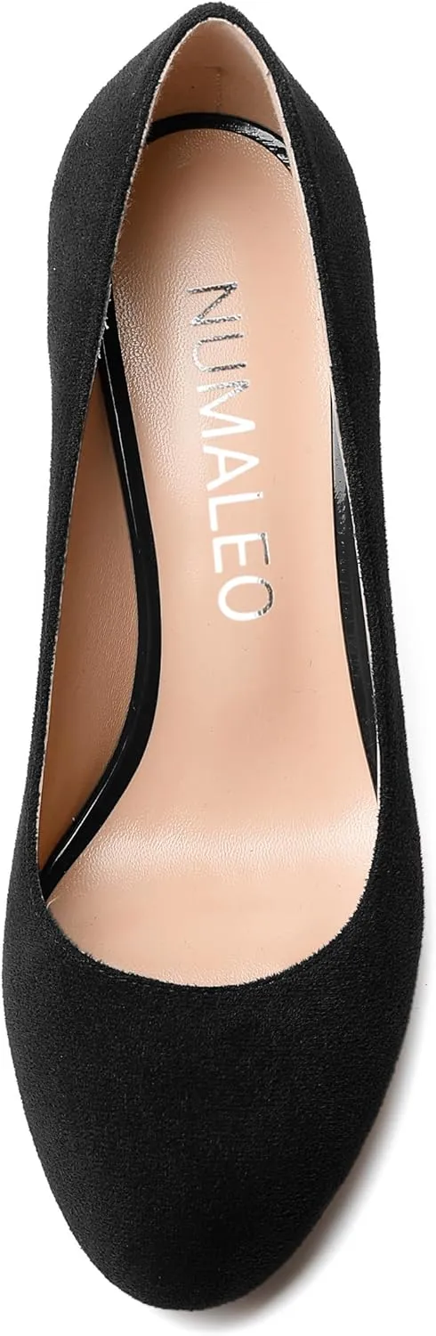 NUMALEO Womens Wedding Suede Fashion Round Toe Slip On Stylish Block High Heel Pumps Shoes 3.3 Inch