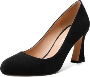 NUMALEO Womens Wedding Suede Fashion Round Toe Slip On Stylish Block High Heel Pumps Shoes 3.3 Inch