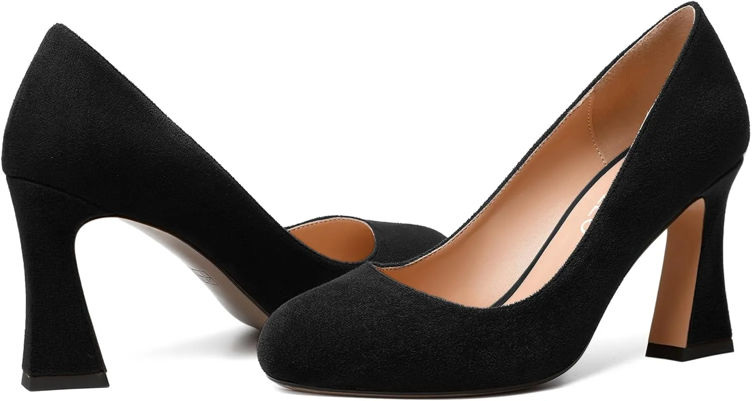 NUMALEO Womens Wedding Suede Fashion Round Toe Slip On Stylish Block High Heel Pumps Shoes 3.3 Inch