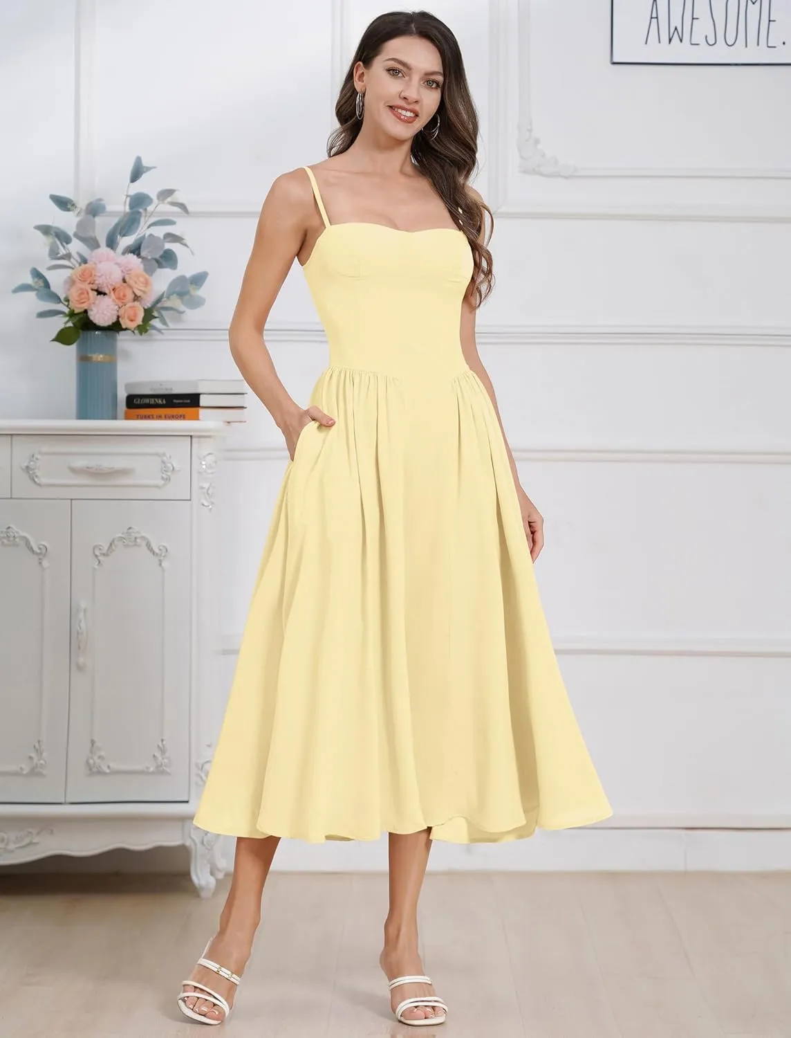 ODIZLI Womens Corset Dress Summer Sundress Spaghetti Straps Low Cut Bustier Cami Midi Dress with Pockets Solid/Floral Print