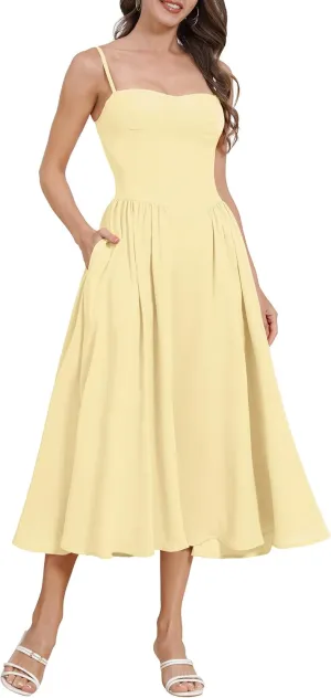 ODIZLI Womens Corset Dress Summer Sundress Spaghetti Straps Low Cut Bustier Cami Midi Dress with Pockets Solid/Floral Print
