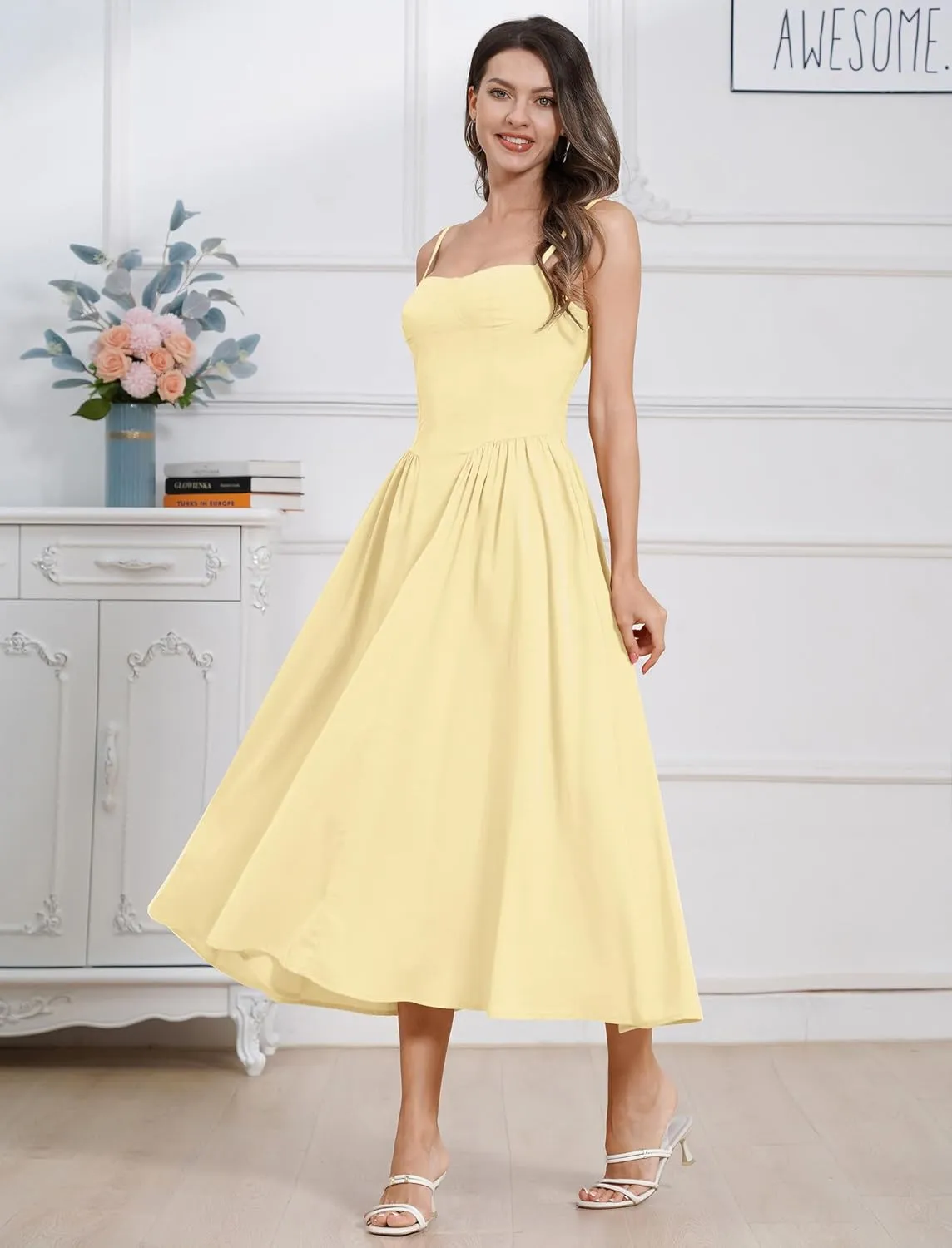 ODIZLI Womens Corset Dress Summer Sundress Spaghetti Straps Low Cut Bustier Cami Midi Dress with Pockets Solid/Floral Print