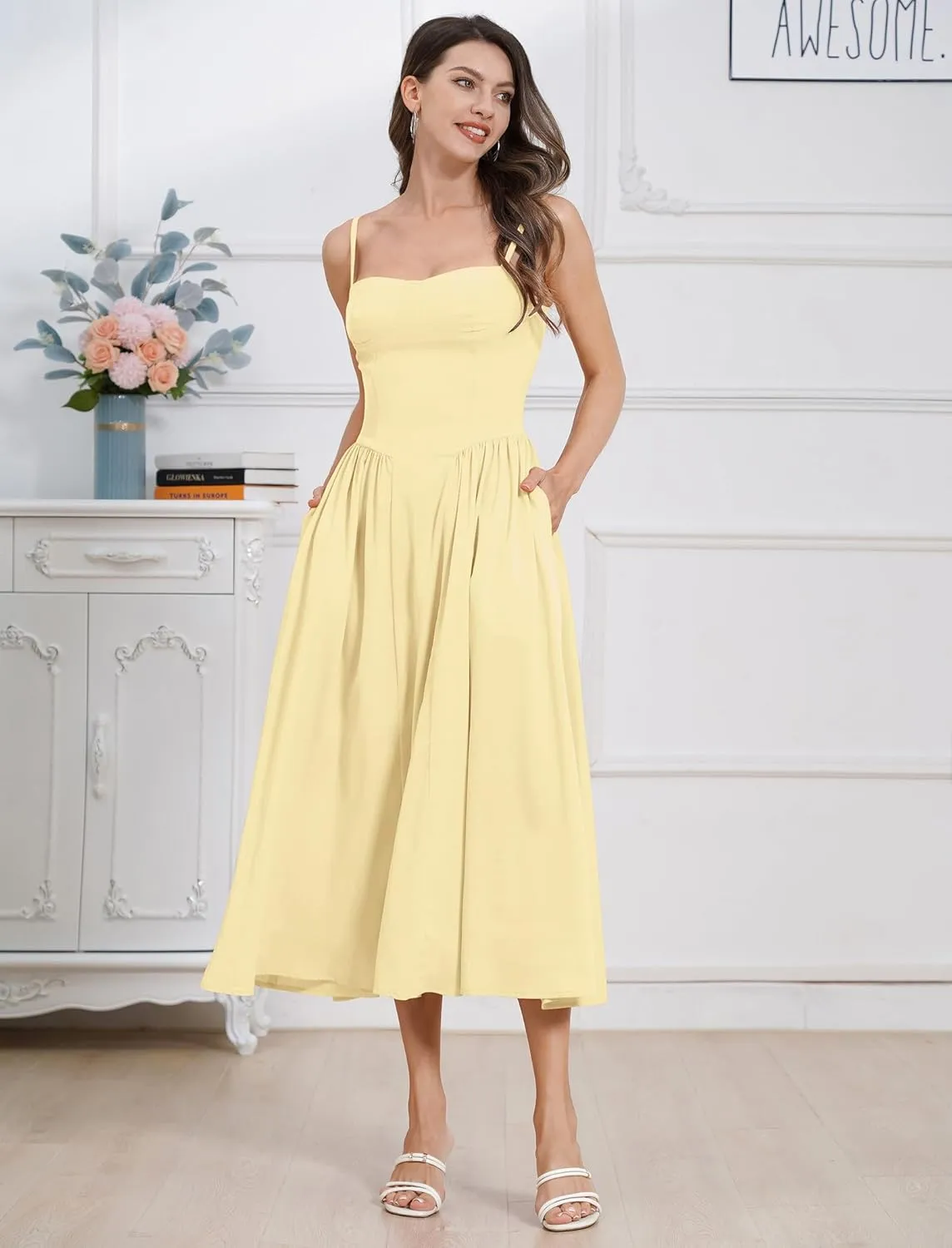 ODIZLI Womens Corset Dress Summer Sundress Spaghetti Straps Low Cut Bustier Cami Midi Dress with Pockets Solid/Floral Print