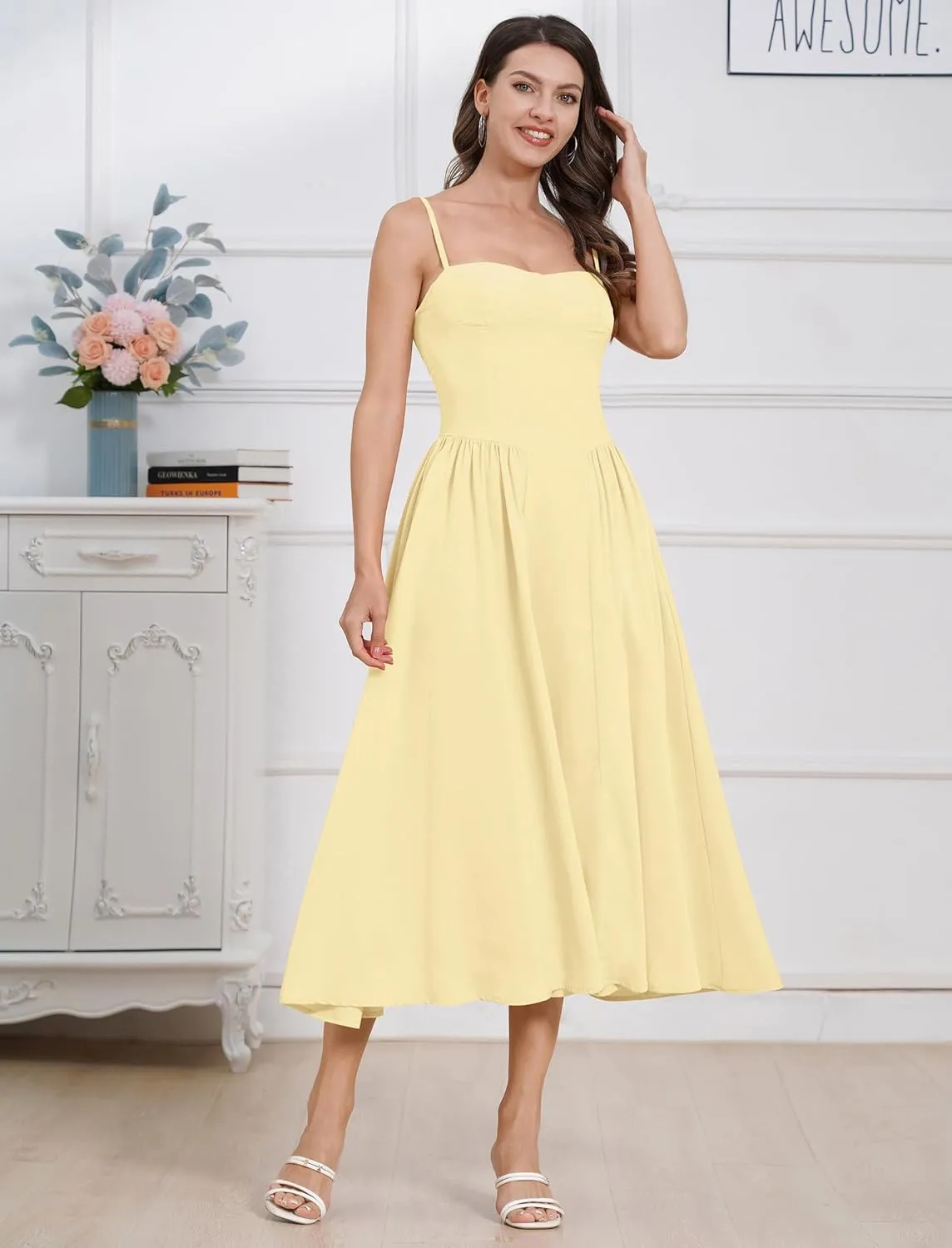 ODIZLI Womens Corset Dress Summer Sundress Spaghetti Straps Low Cut Bustier Cami Midi Dress with Pockets Solid/Floral Print