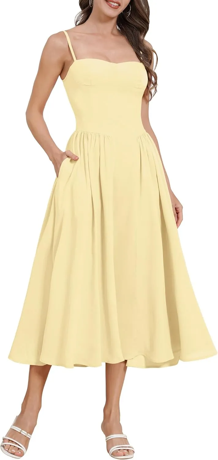ODIZLI Womens Corset Dress Summer Sundress Spaghetti Straps Low Cut Bustier Cami Midi Dress with Pockets Solid/Floral Print