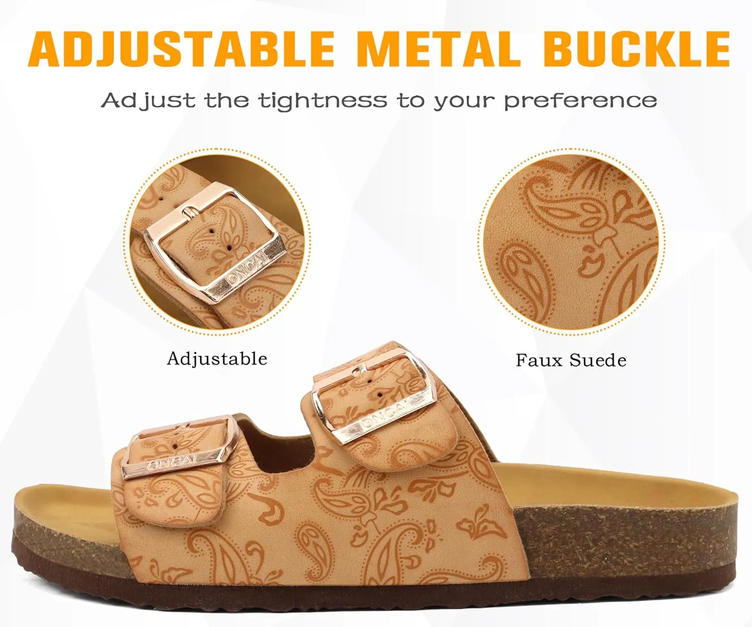 ONCAI Womens Flat Slide Sandals with Arch Support 2 Strap Adjustable Buckle Slip on Slides Shoes Non Slip Rubber Sole