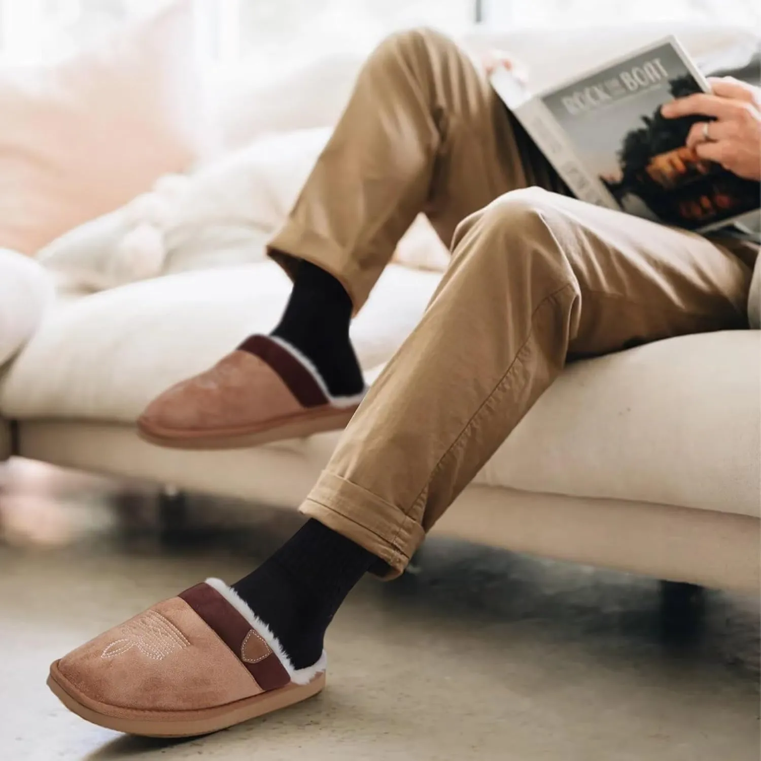 OOW Cowboy Boot Slippers for Mens Western House Slippers Indoor and Outdoor Square Toe