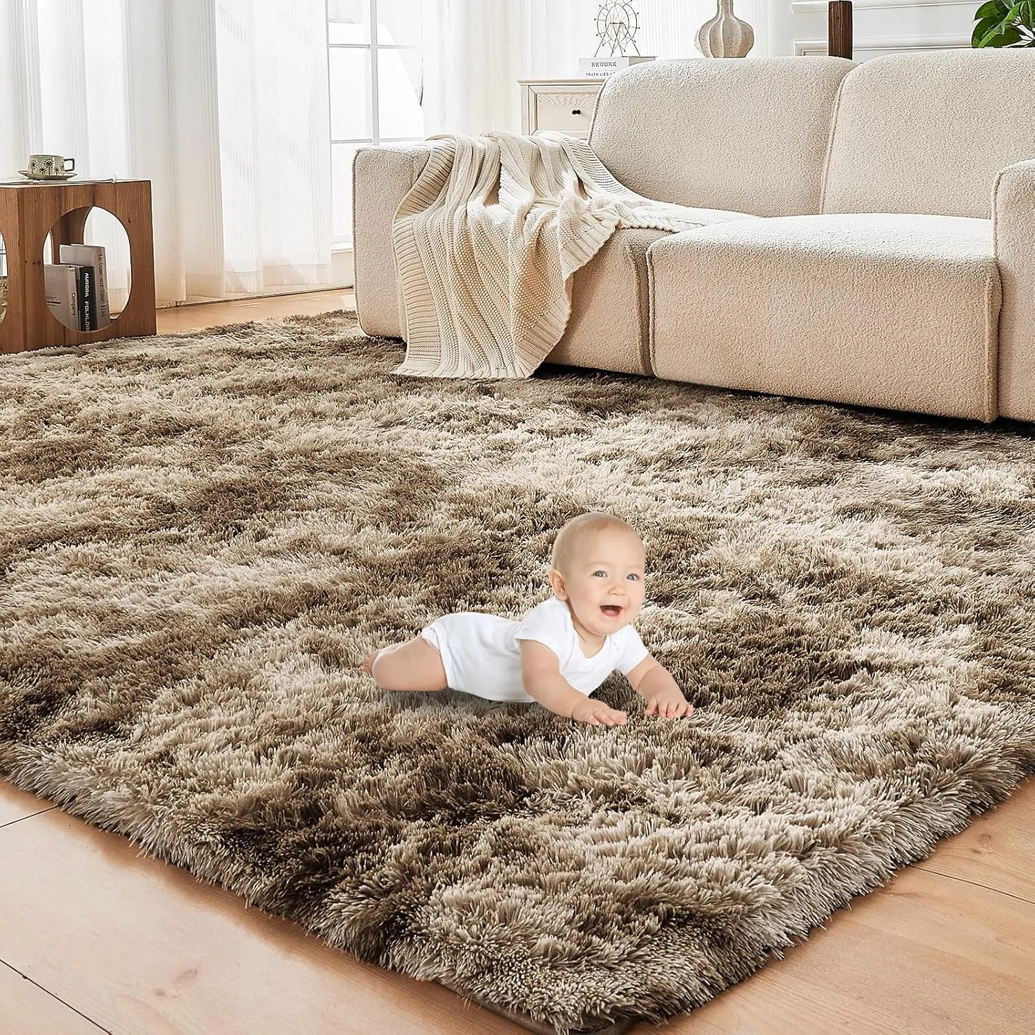 OPPODREAM Area Rug for Living Room, Ultra Soft Nursery Rugs for Bedrooms, 4x6 Fluffy Kids Carpet with 0.6" Thick Non-Slip Backing, Long Pile Shag Carpet, Fuzzy, Shaggy, Tie-dye Brown