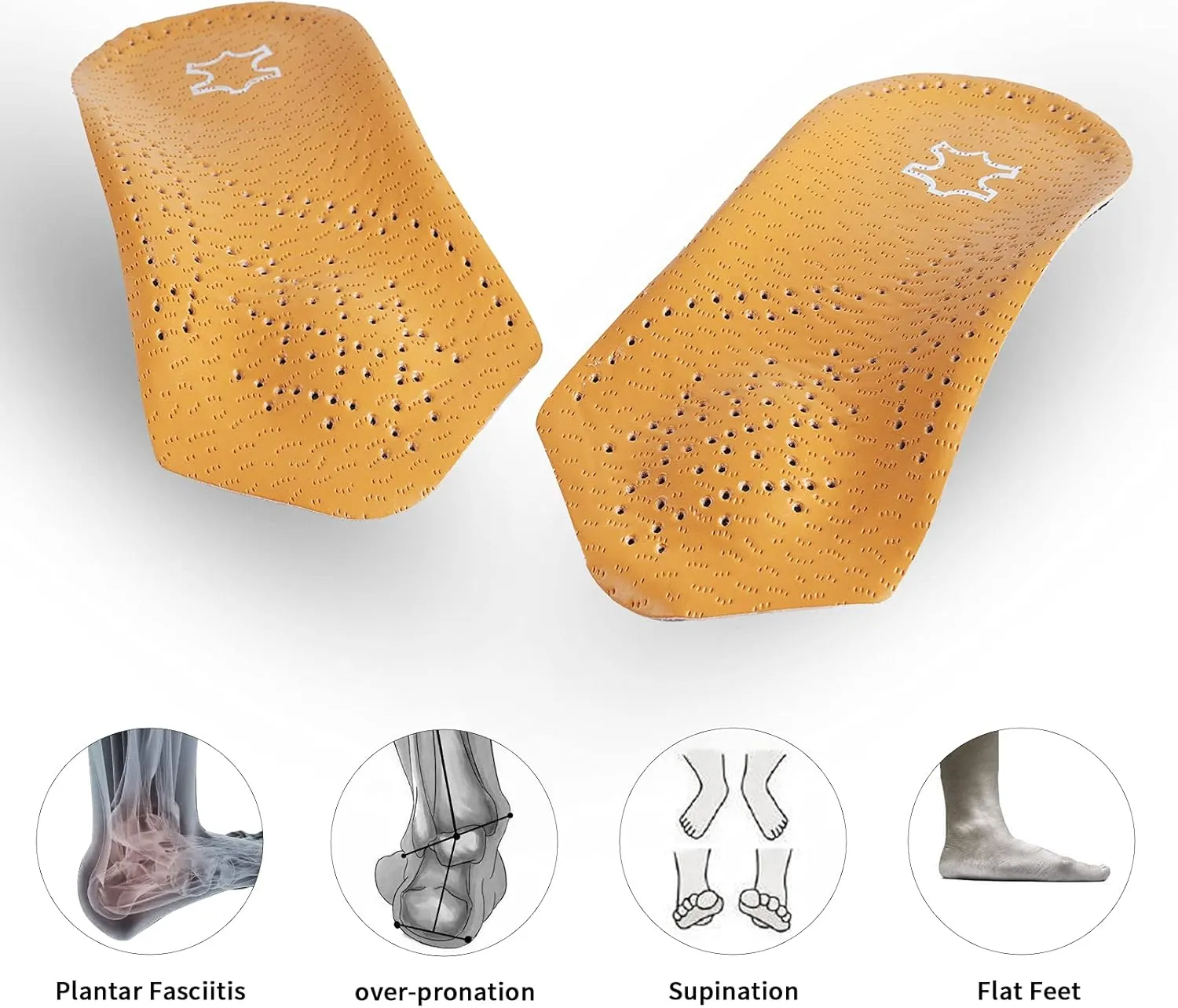 Orthotic Inserts 3/4 Length for Whole Foot Support, Half Plantar Fasciitis Support with Meta-Tarsal Pad Heel Cushion, Light Leather Foot Shoe Insoles, Supports Longitudinal and Plantar Vault, Heel,L