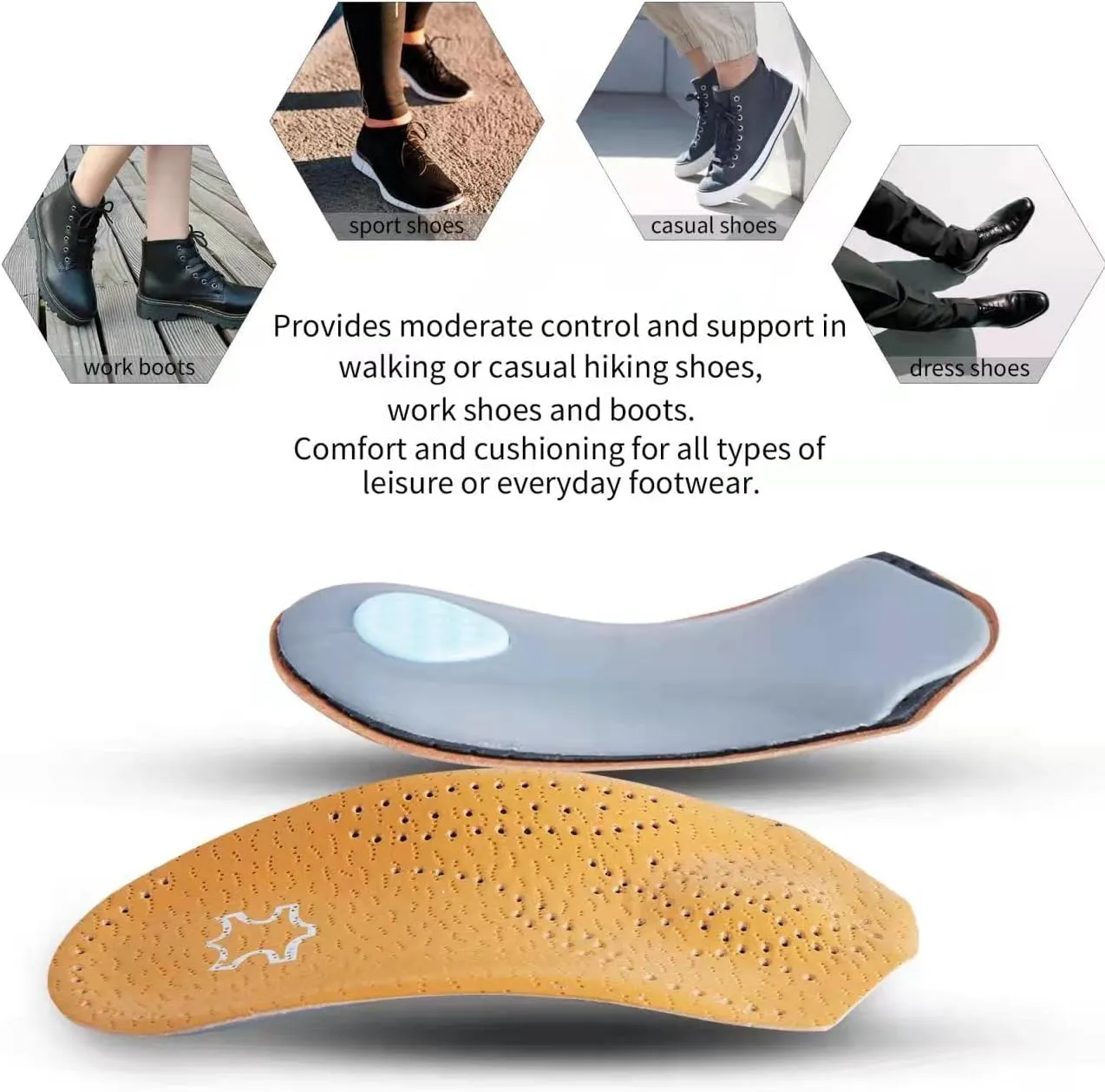 Orthotic Inserts 3/4 Length for Whole Foot Support, Half Plantar Fasciitis Support with Meta-Tarsal Pad Heel Cushion, Light Leather Foot Shoe Insoles, Supports Longitudinal and Plantar Vault, Heel,L
