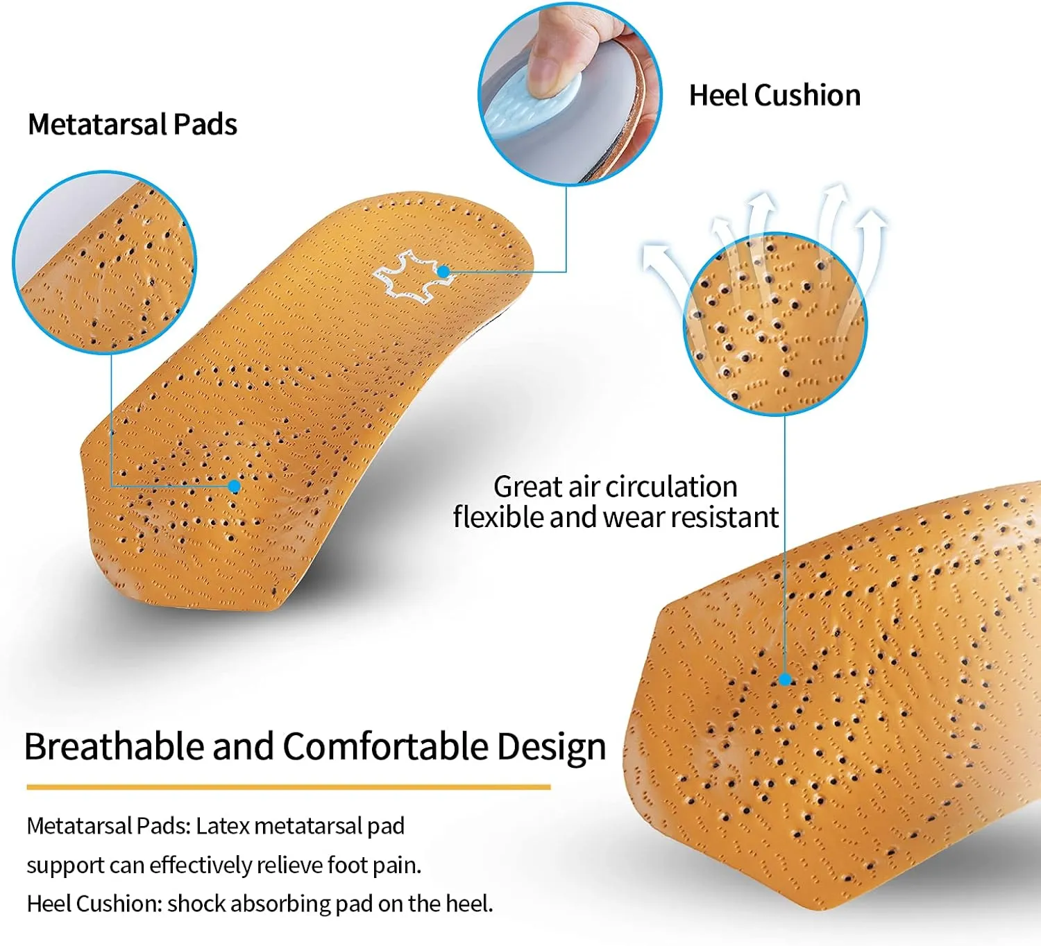 Orthotic Inserts 3/4 Length for Whole Foot Support, Half Plantar Fasciitis Support with Meta-Tarsal Pad Heel Cushion, Light Leather Foot Shoe Insoles, Supports Longitudinal and Plantar Vault, Heel,L