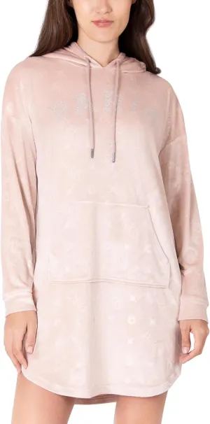 Paris Hilton Velour Hoodie Shirttail Hem Rhinestone Graphic Nightshirt, Rose PARIS, XL