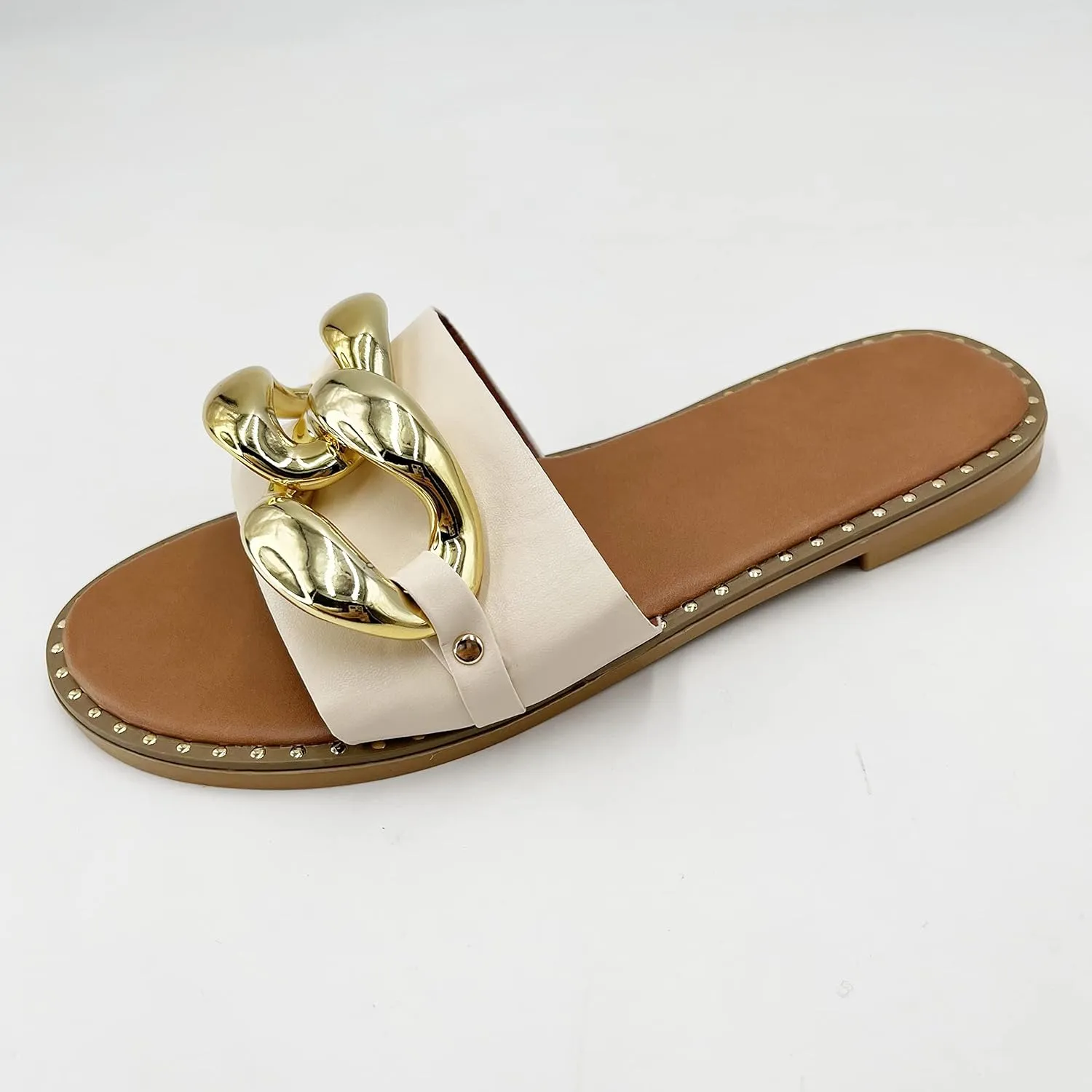 pearl&she Women's Leather Flat Slippers Metallic Link Chains Slip On Summer Indoor and Outdoor Slide Sandals