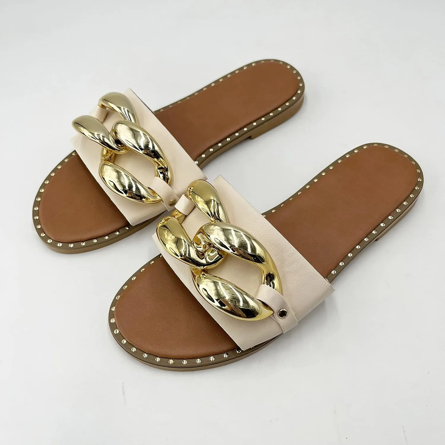 pearl&she Women's Leather Flat Slippers Metallic Link Chains Slip On Summer Indoor and Outdoor Slide Sandals