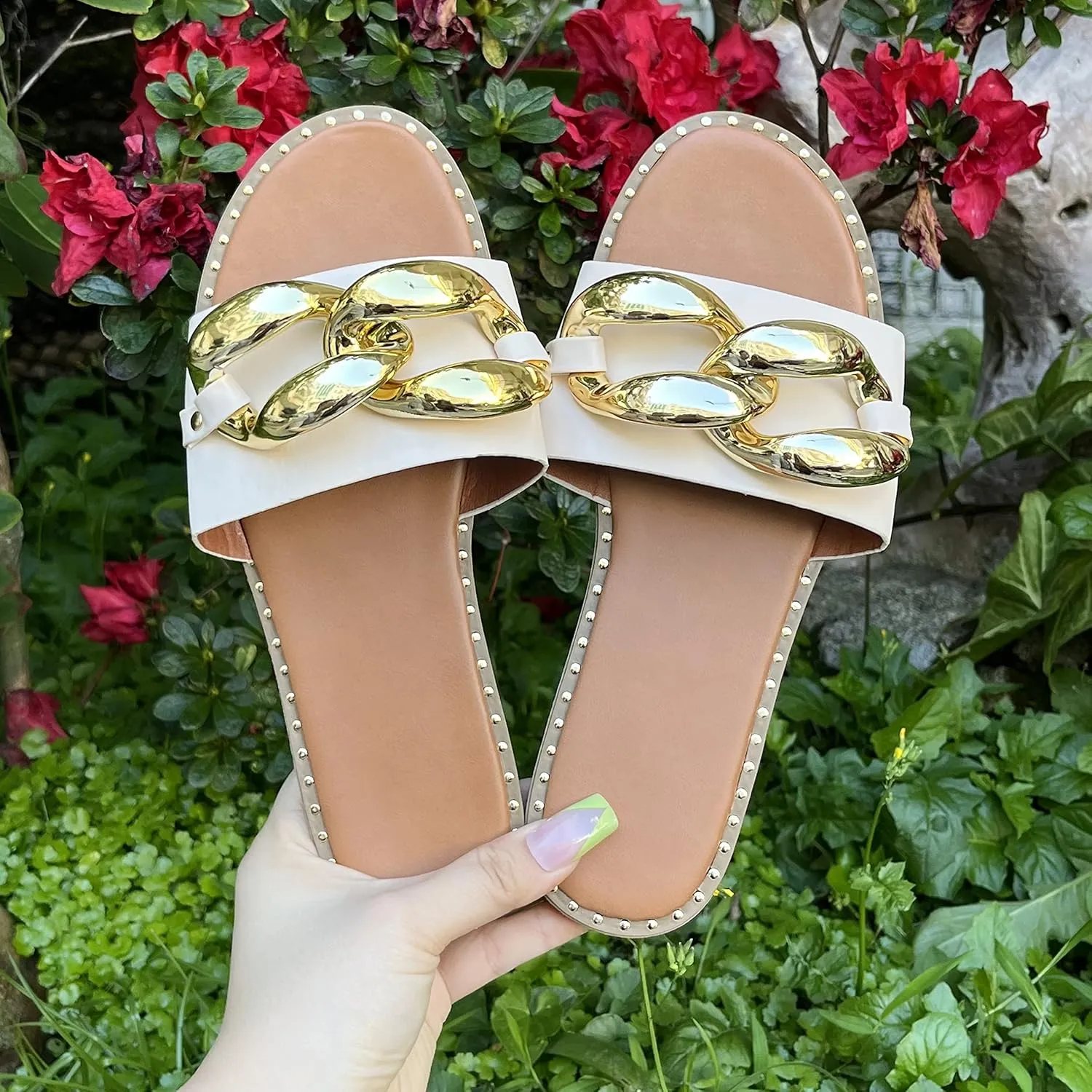 pearl&she Women's Leather Flat Slippers Metallic Link Chains Slip On Summer Indoor and Outdoor Slide Sandals