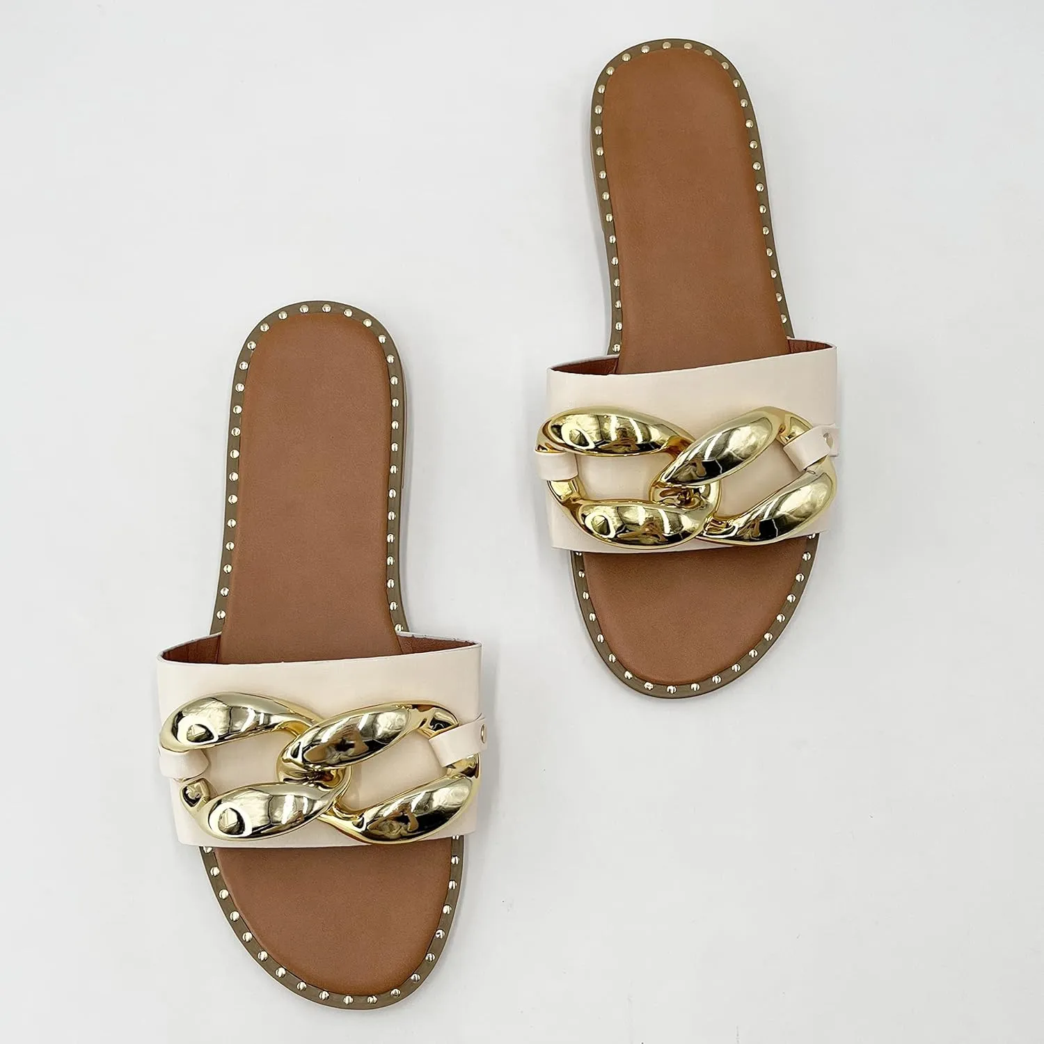 pearl&she Women's Leather Flat Slippers Metallic Link Chains Slip On Summer Indoor and Outdoor Slide Sandals