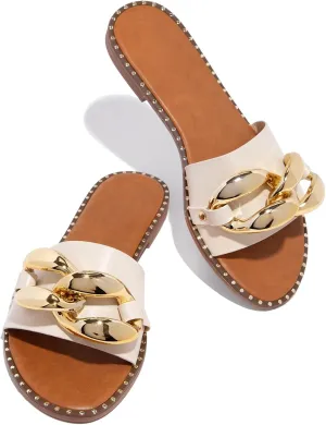 pearl&she Women's Leather Flat Slippers Metallic Link Chains Slip On Summer Indoor and Outdoor Slide Sandals