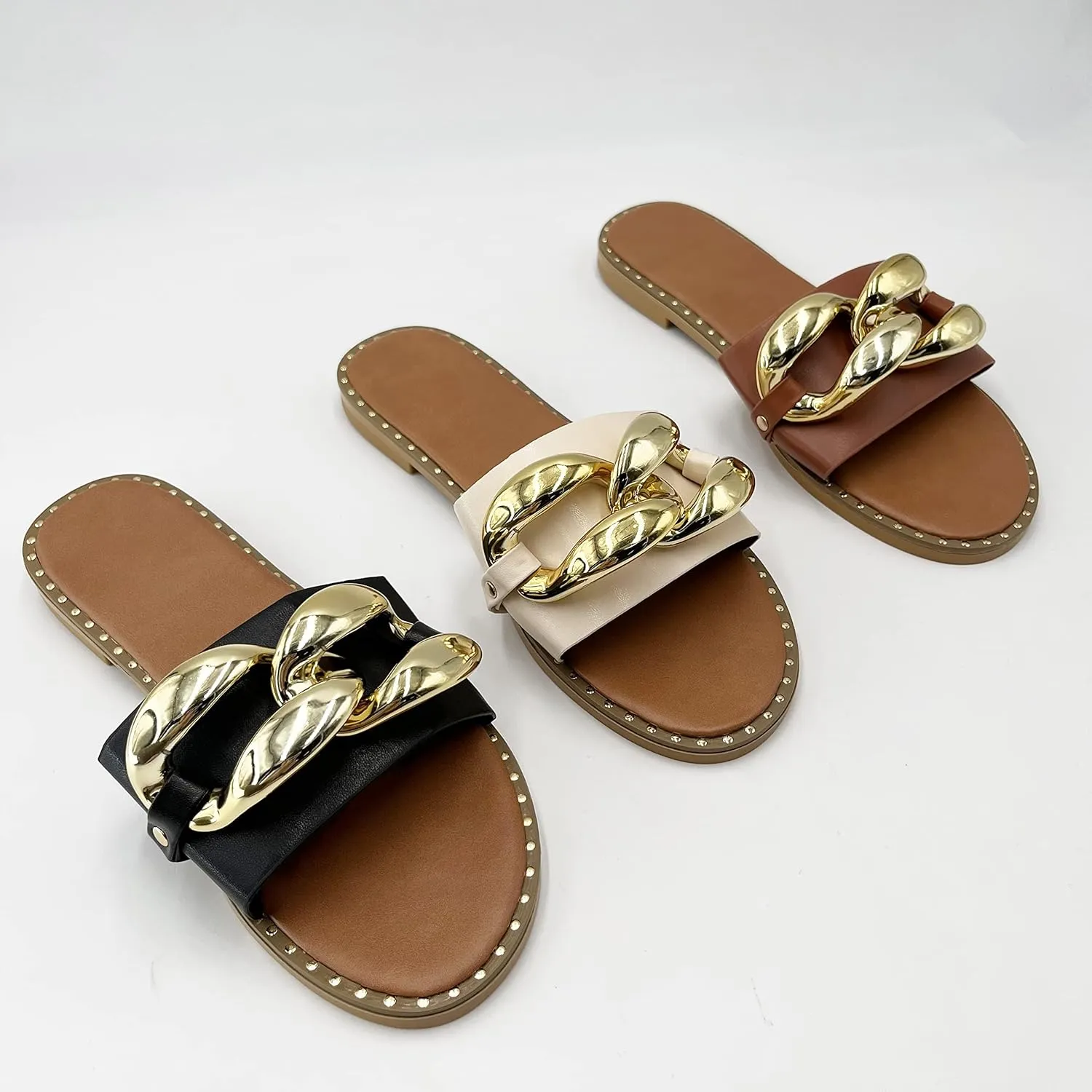 pearl&she Women's Leather Flat Slippers Metallic Link Chains Slip On Summer Indoor and Outdoor Slide Sandals